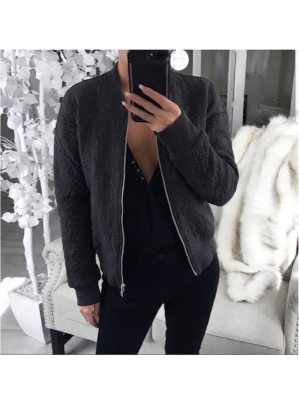 Quilted Bomber Jacket in Navy Blue